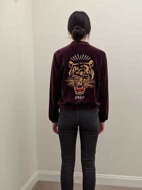 Obey Women's Velvet Bomber Jacket - Deep Purple with Gold Embroidery